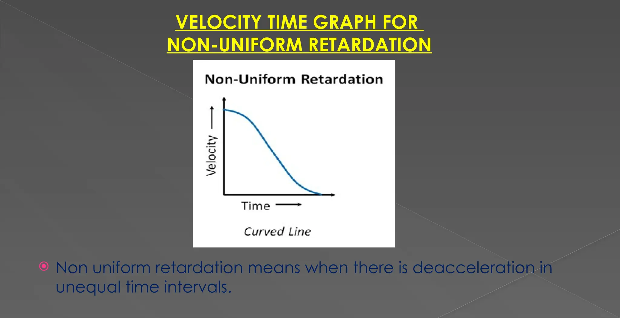 VELOCITY TIME GRAPH FOR
NON-UNIFORM RETARDATION
 Non uniform retardation means when there is deacceleration in
unequal time intervals.
 