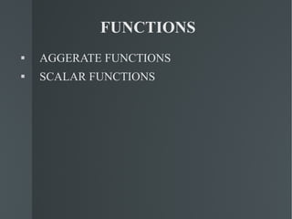 FUNCTIONS AGGERATE FUNCTIONS SCALAR FUNCTIONS 