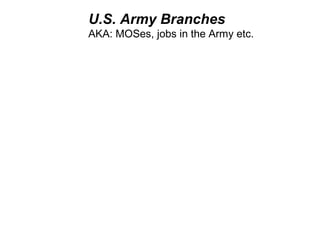U.S. Army Branches
AKA: MOSes, jobs in the Army etc.
 