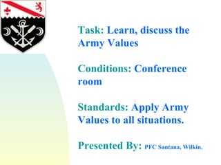 Task:  Learn, discuss the Army Values Conditions:  Conference room Standards:  Apply Army Values to all situations. Presented By:   PFC Santana, Wilkin. 