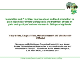 Putting nitrogen fixation to work for smallholder farmers in Africa
Inoculation and P fertilizer improves food and feed production in
grain legumes: Farmers' perceptions and treatment effects on
yield and quality of residue biomass in Ethiopian highlands
Sisay Belete, Adugna Tolera, Melkamu Bezabih and Endalkachew
W/Meskel
Workshop and Exhibition on Promoting Productivity and Market
Access Technologies and Approaches to Improve Farm Income and
Livelihoods in Ethiopia: Lessons from Action Research Projects,
ILRI, Addis Ababa, 8-9 December 2016
 
