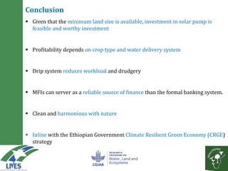 Solar powered water pumping can boost smallholder income: A business model based on action research from LIVES and Africa RISING sites