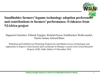 Putting nitrogen fixation to work for smallholder farmers in Africa
Smallholder farmers’ legume technology adoption preferences
and contributions to farmers’ performance: Evidences from
N2Africa project
Dagmawit Getachew, Yitbarek Tegegne, Workneh Kassa, Endalkachew Wolde-meskel,
Tamiru Amanu, Edward Baars
Workshop and Exhibition on Promoting Productivity and Market Access Technologies and
Approaches to Improve Farm Income and Livelihoods in Ethiopia: Lessons from Action Research
Projects, ILRI, Addis Ababa, 8-9 December 2016
1
 