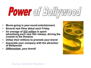 • Movie-going is year-round entertainment
• Several new films debut each Friday
• An average of $22 million is spent
advertising each new film release, driving the
crowds to the theatres
• Utilize their millions to promote your brand
• Associate your company with the attraction
of Bollywood
• Differentiate your brand!
Source: Exhibitor Relations
 