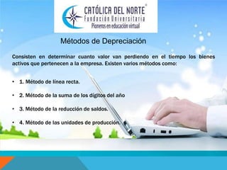 Métodos de Depreciación 
Consisten en determinar cuanto valor van perdiendo en el tiempo los bienes 
activos que pertenecen a la empresa. Existen varios métodos como: 
• 1. Método de línea recta. 
• 2. Método de la suma de los dígitos del año 
• 3. Método de la reducción de saldos. 
• 4. Método de las unidades de producción. 
 