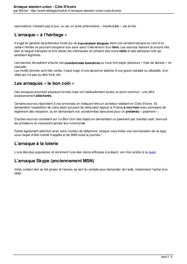 Arnaque western union cote d