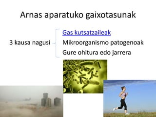 Arnas aparatuko gaixotasunak
Gas kutsatzaileak
3 kausa nagusi Mikroorganismo patogenoak
Gure ohitura edo jarrera
 