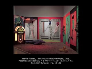 Martial Raysse, Tableau dans le style français, 1965.
Assemblage on canvas, 7’ 1-7⁄8” × 4’ 6-3⁄8” (2.2 × 1.4 m).
Collection Runquist. [Fig. 18-12]
 