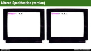 @APIHANDYMAN POSTMAN OPEN TECHNOLOGIES
swagger: “2.0”
Altered Speciﬁcation (version)
openapi: “3.0.3”
 