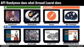 @APIHANDYMAN POSTMAN OPEN TECHNOLOGIES
API Handyman does what Arnaud Lauret does
ME: MY COMPANY:
MY BOOK:
Arnaud Lauret @apihandyman Postman Open Technologies
The Design of Web APIs Web APIの設計 웹 API 디자인 ПРОЕКТИРОВАНИЕ ВЕБ-AP
 