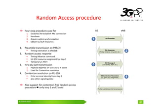 © 3GPP 2009 Mobile World Congress, Barcelona, 19th February 2009
© 3GPP 2010 43
Random Access procedure
Four-step procedure used for
1. Establish/ Re-establish RRC connection
2. Handover
3. Acquire uplink synchronization
4. Obtain UL-SCH resources
1. Preamble transmission on PRACH
Timing estimation at eNodeB
2. Random access response
Timing Advance command
UL-SCH resource assignment for step 3
Temporary C-RNTI
3. First UL-SCH transmission
1. Payload depends on use-case 1-4 above
2. Used for Contention resolution
4. Contention resolution on DL-SCH
Echo terminal identity from step 3
also other signaling/data
Also support for contention-free random access
procedure only step 1 and 2 used
) * + , * + -.
) $ + + -.
) , * + (, '' * .
/0 1 02 & 3 & ' '' '
 