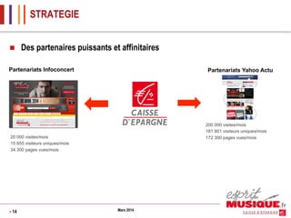 STRATEGIE
n 

Des partenaires puissants et affinitaires

Partenariats Infoconcert

Partenariats Yahoo Actu

200 000 visites/mois
181 801 visiteurs uniques/mois
172 300 pages vues/mois

20 000 visites/mois
15 655 visiteurs uniques/mois
34 300 pages vues/mois

> 14

Mars 2014

 