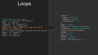 [transformations.pull_request]
author = "{{ user_data .user.login }}"
body = "{{ .body }}"
closed_at = "{{ .closed_at }}"
created_at = "{{ .created_at }}"
labels = "{{ range .labels }}{{ .name }}{{ end }}"
merged = "{{ .merged }}"
ms = "{{ if $m := .milestone }}{{ $m.title }}{{ end }}"
number = "{{ .number }}"
state = "{{ .state }}"
title = "{{ .title }}"
{
"author": {
"login": "icecrime",
"company": "Docker",
"is_maintainer": true
},
"body": ":tada:",
"closed_at": "2015-09-27T19:14:39Z",
"created_at": "2015-09-26T15:16:23Z",
"labels": ["status/4-merge"],
"merged": true,
"ms": "1.9.0",
"number": 16603,
"state": "closed",
"title": "Add @vdemeester...",
}
Loops
 