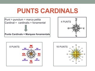 PUNTS CARDINALS
Punt = punctum = marca petita
Cardinal = cardinalis = fonamental
Punts Cardinals = Marques fonamentals
4 PUNTS
8 PUNTS 16 PUNTS
 