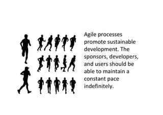 Agile processes
promote sustainable
development. The
sponsors, developers,
and users should be
able to maintain a
constant pace
indefinitely.
 