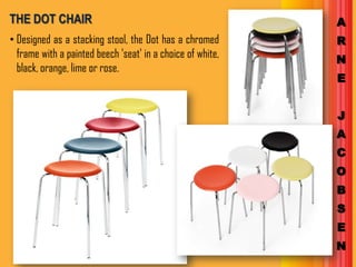 THE DOT CHAIR                                               A
• Designed as a stacking stool, the Dot has a chromed       R
  frame with a painted beech 'seat' in a choice of white,   N
  black, orange, lime or rose.
                                                            E


                                                            J
                                                            A
                                                            C
                                                            O
                                                            B
                                                            S
                                                            E
                                                            N
 
