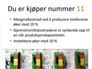 Du erkjøpernummer11Marginalkostnadvedåproduseretelefoneneøker med 10 %Gjennomsnittskostnadeneersynkendeopptil en nårproduksjonskapasitetenInntekteneøker med 10 %