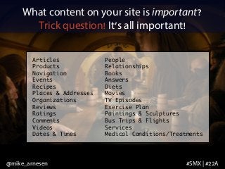 What content on your site is important? 
Trick question! It’s all important! 
Articles 
Products 
Navigation 
Events 
Reci...