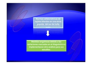 Normas cefalométricas de
tejidos blandos en una etnia
popular del sur de India
Soft- tissue cephalometric norms in a South Indian ethnic
population
Medidas engañosas debido a las
variaciones marcadas en el diagnóstico e
implementaron otro análisis para sus
estudios.
 