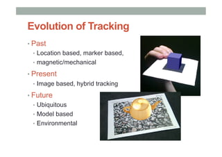 Evolution of Tracking
• Past
•  Location based, marker based,
•  magnetic/mechanical
• Present
•  Image based, hybrid trac...