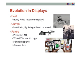 • Past
•  Bulky Head mounted displays
• Current
•  Handheld, lightweight head mounted
• Future
•  Projected AR
•  Wide FOV...