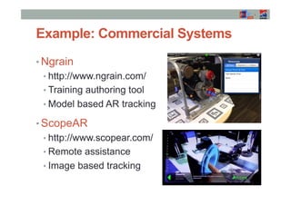 Example: Commercial Systems
• Ngrain
• http://www.ngrain.com/
• Training authoring tool
• Model based AR tracking
• ScopeA...