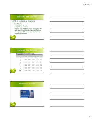 9/28/2015
2
Who Do We Serve?
 WIC is available to Virginia’s:
 pregnant,
 breastfeeding, and
 postpartum women,
 infants and children under the age of five
who are at nutritional risk and who are
at or below 185 percent of the federal
poverty guidelines.
Income Guidelines
Economic Unit Income
Annual Monthly Twice-Monthly Bi-Weekly Weekly
1
$21,775 $1,815 $908 $838 $419
2
$29,471 $2,456 $1,228 $1,134 $567
3
$37,167 $3,098 $1,549 $1,430 $715
4
$44,863 $3,739 $1,870 $1,726 $863
5
$52,559 $4,380 $2,190 $2,022 $1,011
6
$60,255 $5,022 $2,511 $2,318 $1,159
7
$67,951 $5,663 $2,832 $2,614 $1,307
8
$75,647 $6,304 $3,152 $2,910 $1,455
Each Additional Member
Add + $7,696 + $642 + $321 + $296 + $148
WIC Income Guide Effective Dates: April 15, 2015 to June 30, 2016
Nutritious Foods
 