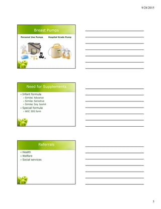 9/28/2015
5
Breast Pumps
Personal Use Pumps Hospital Grade Pump
Need for Supplements
 Infant formula
 Similac Advance
 Similac Sensitive
 Similac Soy Isomil
 Special formula
 WIC 395 form
Referrals
 Health
 Welfare
 Social services
 