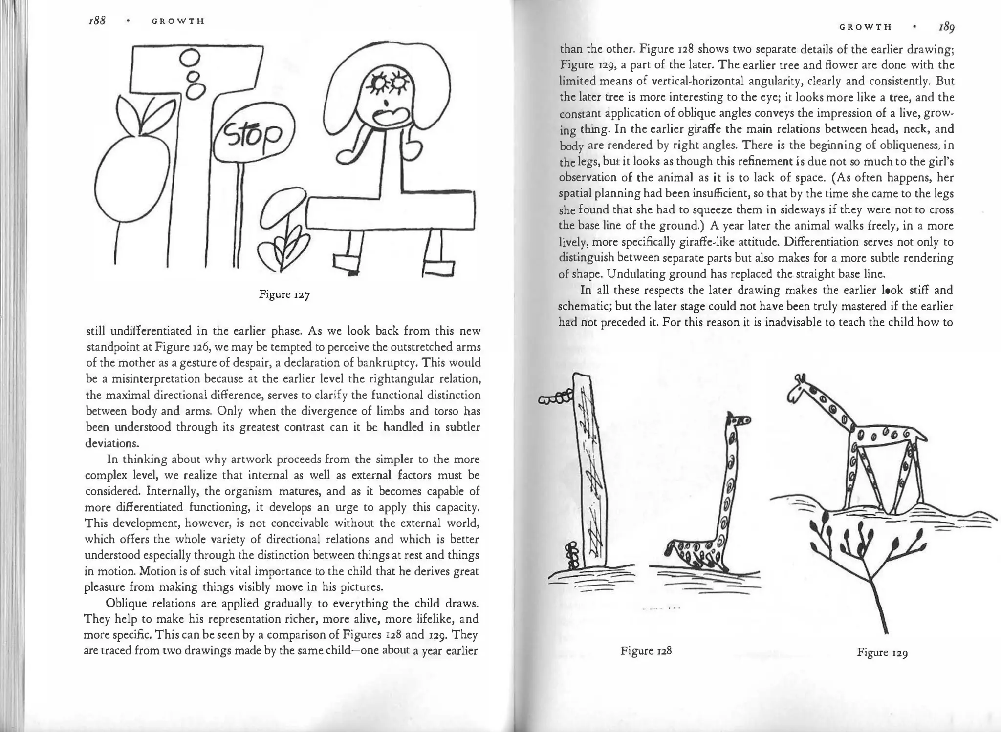 188 G R O W T H
Figure 127
still undifferentiated in the earlier phase. As we look back from this new
standpoint at Figure 126, we may be tempted to perceive the outstretched arms
of the mother as a gesture of despair, a declaration of bankruptcy. This would
be a misinterpretation because at the earlier level the rightangular relation,
the maximal directional difference, serves to clarify the functional distinction
between body and arms. Only when the divergence of limbs and torso has
been understood through its greatest contrast can it be handled in subtler
deviations.
In thinking about why artwork proceeds from the simpler to the more
complex level, we realize that internal as well as external factors must be
considered. Internally, the organism matures, and as it becomes capable of
more differentiated functioning, it develops an urge to apply this capacity.
This development, however, is not conceivable without the external world,
which offers the whole variety of directional relations and which is better
understood especially through the distinction between things at rest and things
in motion. Motion is of such vital importance to the child that he derives great
pleasure from making things visibly move in his pictures.
Oblique relations are applied gradually to everything the child draws.
They help to make his representation richer, more alive, more lifelike, and
more specific. This can be seen by a comparison of Figures 128 and 129. They
are traced from two drawings made by the same child-one about a year earlier
G R O W T H
than the other. Figure 128 shows two separate details of the earlier drawing;
figure 129, a part of the later. The earlier tree and flower are done with the
limited means of vertical-horizontal angularity, clearly and consistently. But
the later tree is more interesting to the eye; it looks more like a tree, and the
constant application of oblique angles conveys the impression of a live, grow­
ing th
ing. In the earlier giraffe the main relations between head, neck, and
body are rendered by right angles. There is the beg
inning of obliqueness, in
the legs, but it looks as though this refinement is due not so much to the girl's
observation of the animal as it is to lack of space. (As often happens, her
spatial planning had been insufficient, so that by the time she came to the legs
she found that she had to squeeze them in sideways if they were not to cross
the base line of the ground.) A year later the animal walks freely, in a more
lively, more specifically giraffe-like attitude. Differentiation serves not only to
distinguish between separate parts but also makes for a more subtle rendering
of shape. Undulating ground has replaced the straight base line.
In all these respects the later drawing makes the earlier look stiff and
schematic; but the later stage could not have been truly mastered if the earlier
had not preceded it. For this reason it is inadvisable to teach the child how to
Figure 128 Figure 129
 