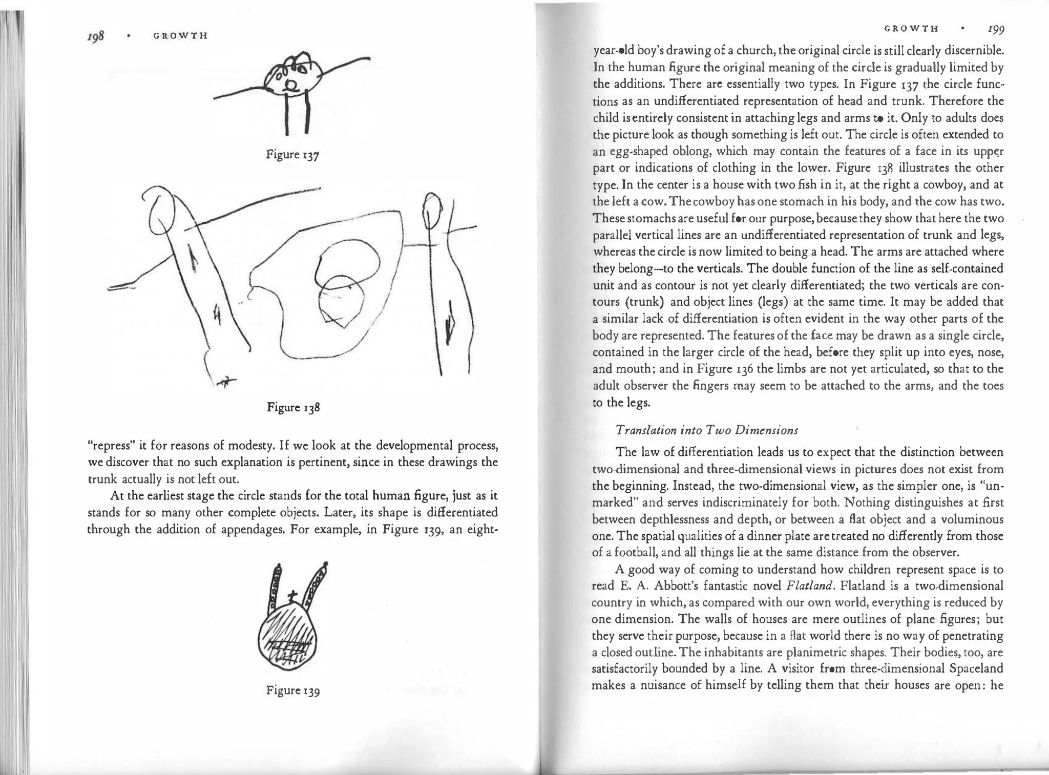 I
I
G R O W T H
Figure 137
Figure 138
"repress" it for reasons of modesty. If we look at the developmental process,
we discover that no such explanation is pertinent, since in these drawings the
trunk actually is not left out.
At the earliest stage the circle stands for the total human figure, just as it
stands for so many other complete objects. Later, its shape is differentiated
through the addition of appendages. For example, in Figure 139, an eight-
Figure 139
G R O W T H 199
year-<>ld boy's drawing of a church, the original circle is still clearly discernible.
In the human figure the original meaning of the circle is gradually limited by
the additions. There arc essentially two types. In Figure 137 the circle func­
tions as an undifferentiated representation of head and trunk. Therefore the
child is·cntirely consistent in attaching legs and arms to it. Only to adults docs
the picture look as though something is left out. The circle is often extended to
an egg-shaped oblong, which may contain the features of a face in its upp�r
part or indications of clothing in the lower. Figure 138 illustrates the other
type. In the center is a house with two fish in it, at the right a cowboy, and at
the left a cow.Thecowboy has one stomach in his body, and the cow has two.
Thesestomachsare useful for our purpose,becausethey show that here the two
parallel vertical lines are an undifferentiated representation of trunk and legs,
whereas the circle is now limited to being a head. The arms are attached where
they belong-to the verticals. The double function of the line as self-contained
unit and as contour is not yet clearly differentiated; the two verticals are con­
tours (trunk) and object lines (legs) at the same time. It may be added that
a similar lack of differentiation is often evident in the way other parts of the
body are represented. The features of the face may be drawn as a single circle,
contained in the larger circle of the head, before they split up into eyes, nose,
and mouth; and in Figure 136 the limbs are not yet articulated, so that to the
adult observer the fingers may seem to be attached to the arms, and the toes
to the legs.
Translation into Two Dimensions
The law of differentiation leads us to expect that the distinction between
two-dimensional and three-dimensional views in pictures does not ex
ist from
the beginning. Instead, the two-dimensional view, as the simpler one, is "un­
marked" and serves indiscriminately for both. Nothing distinguishes at first
between depthlessness and depth, or between a .Rat object and a voluminous
one. The spatial qualities of a dinner plate aretreated no differently from those
of a football, and all things lie at the same distance from the observer.
A good way of coming to understand how children represent space is to
read E. A. Abbott's fantastic novel Flatland. Flatland is a two-dimensional
country in which, as compared with our own world, everything is reduced by
one dimension. The walls of houses are mere outlines of plane figures; but
they serve their purpose, because in a Aat world there is no way of penetrating
a closed outline.The inhabitants are planimetric shapes. Their bodies, too, are
satisfactorily bounded by a line. A visitor from three-dimensional Spaceland
makes a nuisance of himself by telling them that thei
r houses are open: he
 