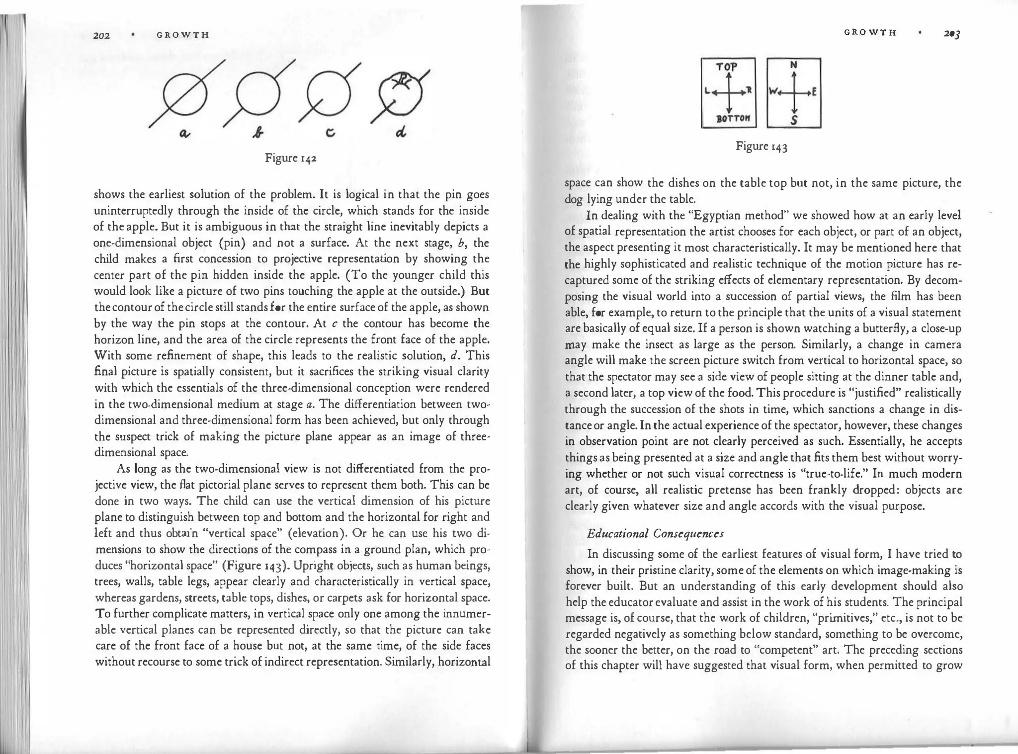 202 G R O W T H
Figure 142
shows the earliest solution of the problem. It is logical in that the pin goes
uninterruptedly through the inside of the circle, which stands for the inside
of theapple. But it is ambiguous in that the straight line inevitably depicts a
one-dimensional object (pin) and not a surface. At the next stage, b, the
child makes a first concession to projective representat
ion by showing the
center part of the pin hidden inside the apple. (To the younger child this
would look like a picture of two pins touching the apple at the outside.) But
thecontourofthecirclestill standsfor the entire surfaceof the apple, as shown
by the way the pin stops at the contour. At c the contour has become the
horizon line, and the area of the circle represents the front face of the apple.
With some refinement of shape, this leads to the realistic solution, d. This
final picture is spatially consistent, but it sacrifices the striking visual clarity
with which the essentials of the three-dimensional conception were rendered
in the two-<limensional medium at stage a. The differentiation between two­
dimensional and three-dimensional form has been achieved, but only through
the suspect trick of making the picture plane appear as an image of three­
dimensional space.
As long as the two-dimensional view is not differentiated from the pro­
jective view, the flat pictorial plane serves to represent them both. This can be
done in two ways. The child can use the vertical dimension of his picture
plane to distinguish between top and bottom and the horizontal for right and
left and thus obtain "vertical space" (elevation). Or he can use his two di­
mensions to show the directions of the compass in a ground plan, which pro­
duces "horizontal space" (Figure 143). Upright objects, such as human beings,
trees, walls, table legs, appear clearly and characteristically in vertical space,
whereas gardens, streets, table tops, dishes, or carpets ask for horizontal space.
To further complicate matters, in vertical space only one among the innumer­
able vertical planes can be represented directly, so that the picture can take
care of the front face of a house but not, at the same time, of the side faces
withoutrecourse to some trick ofindirect representation. Similarly, horizontal
GRO WT Ii 203
Figure 143
space can show the dishes on the table top but not, in the same picture, the
dog lying under the table.
In dealing with the "Egyptian method" we showed how at an early level
of spatial representation the artist chooses for each object, or part of an object,
the aspect presenting it most characteristically. It may be mentioned here that
the highly sophisticated and realistic technique of the motion picture has re­
captured some of the striking effects of elementary representation. By decom­
posing the visual world into a succession of partial views, the film has been
able, for example, to return to the principle that the units of a visual statement
arebasically ofequal size. If a person is shown watching a butterfly, a close-up
may make the insect as large as the person. Similarly, a change in camera
angle will make the screen picture switch from vertical to horizontal space, so
that the spectator may see a side view ofpeople sitting at the dinner table and,
a second later, a top viewof the food.This procedure is "justified" realistically
through the succession of the shots in time, which sanctions a change in dis­
tanceor angle.Inthe actualexperienceofthe spectator, however, these changes
in observation point are not clearly perceived as such. Essentially, he accepts
thingsasbeing presented at a size and anglethat fits them best without worry­
ing whether or not such visual correctness is "true-to-life." In much modern
art, of course, all realistic pretense has been frankly dropped: objects are
clearly given whatever size and angle accords with the visual purpose.
Educational Consequences
In discussing some of the earliest features of visual form, I have tried to
show, in their pristine clarity,someof the elements on which image-making is
forever built. But an understanding of this early development should also
help theeducatorevaluate and assist in the work ofhis students. The principal
message is, ofcourse, that the work of children, "pri
mitives," etc., is not to be
regarded negatively as something below standard, something to be overcome,
the sooner the better, on the road to "competent" art. The preceding sections
of this chapter will have suggested that visual form, when permitted to grow
 