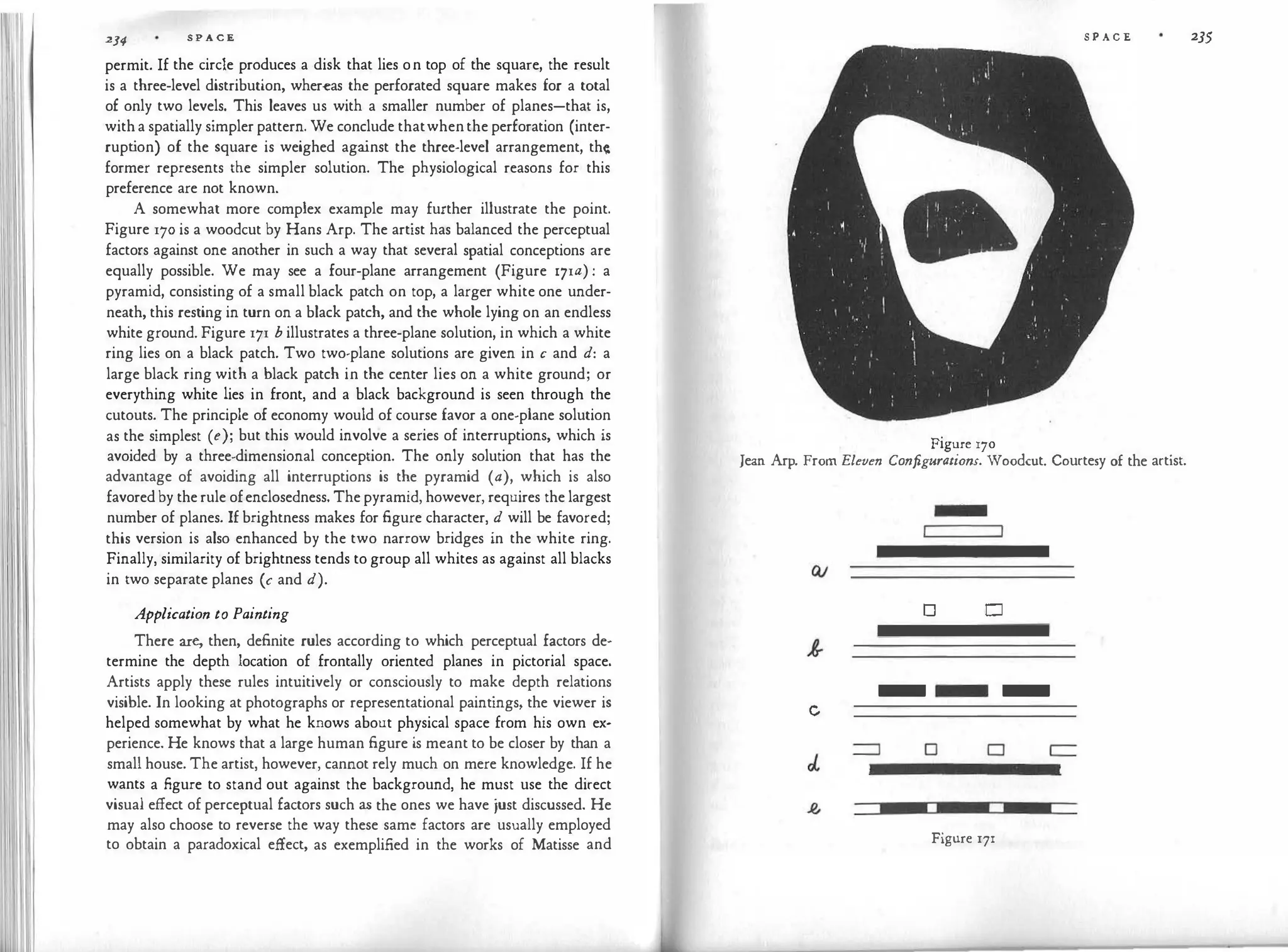234
S P A C E
permit. If the circle produces a disk that lies on top of the square, the result
is a three-level distribution, whereas the perforated square makes for a total
of only two levels. This leaves us with a smaller number of planes-that is,
witha spatially simplerpattern. We conclude thatwhenthe perforation (inter­
rupt
ion) of the square is weighed against the three-level arrangement, th�
former represents the simpler solution. The physiological reasons for this
preference are not known.
A somewhat more complex example may further illustrate the point.
Figure 170 is a woodcut by Hans Arp. The artist has balanced the perceptual
factors against one another in such a way that several spatial conceptions are
equally possible. We may see a four-plane arrangement (Figure 171a) : a
pyramid, consisting of a small black patch on top, a larger white one under­
neath, this resting in turn on a black patch, and the whole lying on an endless
white ground. Figure 171 b illustrates a three-plane solution, in which a white
ring lies on a black patch. Two two-plane solutions are given in c and d: a
large black ring with a black patch in the center lies on a white ground; or
everything white lies in front, and a black background is seen through the
cutouts. The principle of economy would of course favor a one-plane solution
as the simplest (e); but this would involve a series of interruptions, which is
avoided by a three-dimensional conception. The only solution that has the
advantage of avoiding all interruptions is the pyramid (a), which is also
favoredby therule ofenclosedness. Thepyramid, however, requires the largest
number of planes. If brightness makes for figure character, d will be favored;
this version is also enhanced by the two narrow bridges in the white ring.
Finally, similarity of brightness tends to group all whites as against all blacks
in two separate planes (c and d).
Application to Painting
There are, then, definite rules according to which perceptual factors de­
termine the depth location of frontally oriented planes in pictorial space.
Artists apply these rules intuitively or consciously to make depth relations
visible. In looking at photographs or representational paintings, the viewer is
helped somewhat by what he knows about physical space from his own ex­
perience. He knows that a large human figure is meant to be closer by than a
small house. The artist, however, cannot rely much on mere knowledge. If he
wants a figure to stand out against the background, he must use the direct
visual effect of perceptual factors such as the ones we have just discussed. He
may also choose to reverse the way these same factors are usually employed
to obtain a paradoxical effect, as exemplified in the works of Matisse and
S P A C E 235
Figure 170
Jean Arp. From Eleven Configurations. Woodcut. Courtesy of the artist.
D D
- -
c
D D
Figure 171
 