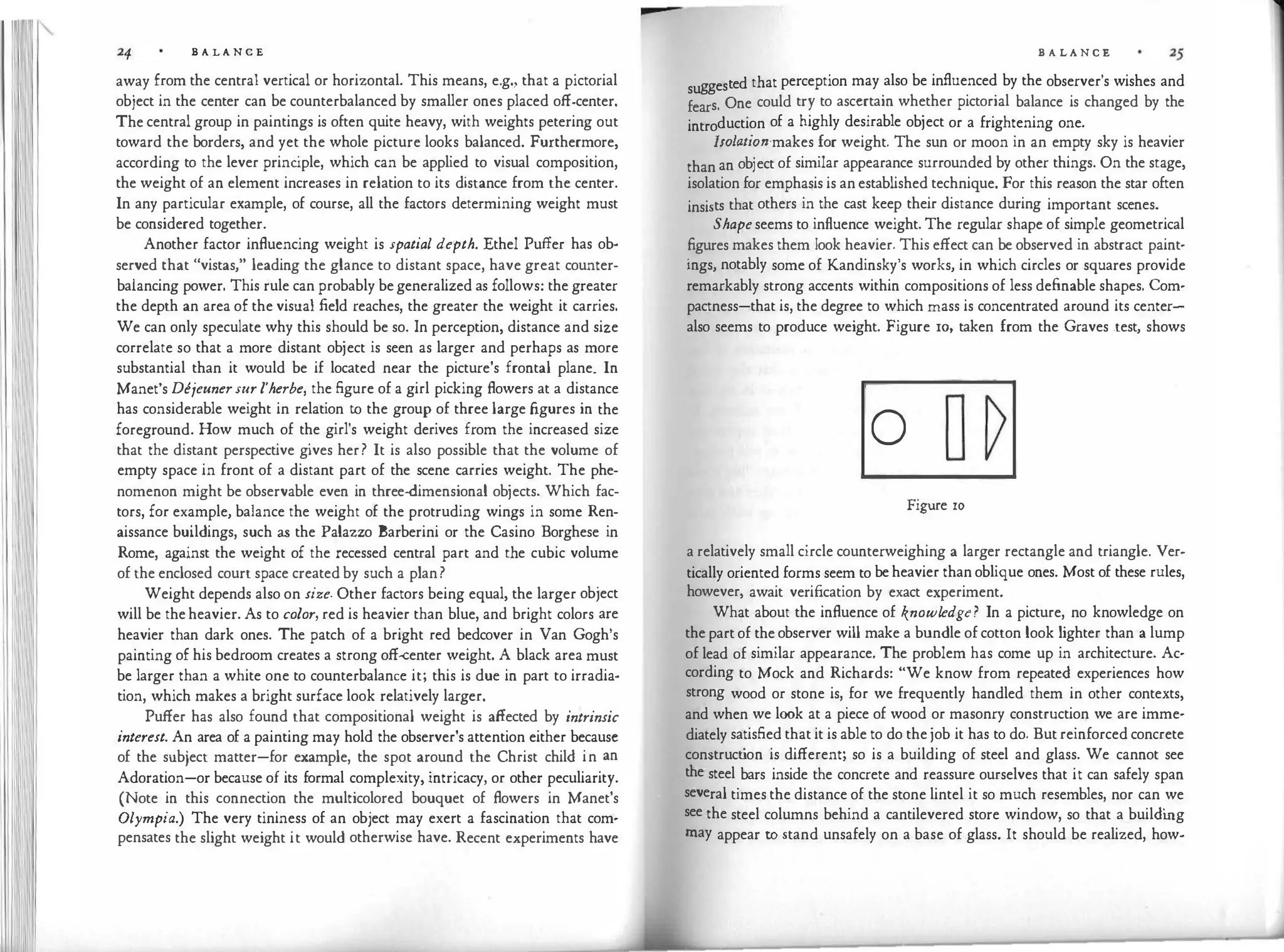 B A L A N C E
away from the central vertical or horizontal. This means, e.g., that a pictorial
object in the center can be counterbalanced by smaller ones placed off-center.
The central group in paintings is often quite heavy, with weights petering out
toward the borders, and yet the whole picture looks balanced. Furthermore,
according to the lever princ
i ple, which can be applied to visual composition,
the weight of an element increases in relation to its distance from the center.
In any particular example, of course, all the factors determining weight must
be considered together.
Another factor influencing weight is spatial depth. Ethel Puffer has ob­
served that "vistas," leading the glance to distant space, have great counter­
balancing power. This rule can probably be generalized as follows: the greater
the depth an area of the visual field reaches, the greater the weight it carries.
We can only speculate why this should be so. In perception, distance and size
correlate so that a more distant object is seen as larger and perhaps as more
substantial than it would be if located near the picture's frontal plane. In
Manet's Dejeunersurl'herbe, the figure of a girl picking flowers at a distance
has considerable weight in relation to the group of three large figures in the
foreground. How much of the girl's weight derives from the increased size
that the distant perspective gives her? It is also possible that the volume of
empty space in front of a distant part of the scene carries weight. The phe­
nomenon might be observable even in three-dimensional objects. Which fac­
tors, for example, balance the weight of the protruding wings in some Ren­
aissance buildings, such as the Palazzo Barberini or the Casino Borghese in
Rome, against the weight of the recessed central part and the cubic volume
of the enclosed court space created by such a plan?
Weight depends also on size. Other factors being equal, the larger object
will be the heavier. As to color, red is heavier than blue, and bright colors are
heavier than dark ones. The patch of a bright red bedcover in Van Gogh's
painting of his bedroom creates a strong off-center weight. A black area must
be larger than a white one to counterbalance it; this is due in part to irradia­
tion, which makes a bright surface look relatively larger.
Puffer has also found that compositional weight is affected by intrinsic
interest. An area of a painting may hold the observer's attention either because
of the subject matter-for example, the spot around the Christ child in an
Adoration-or because of its formal complexity, intricacy, or other peculiarity.
(Note in this connection the multicolored bouquet of flowers in Manet's
Olympia.) The very tininess of an object may exert a fascination that com­
pensates the slight weight it would otherwise have. Recent experiments have
B A LA N C E
suggested that perception may also be influenced by the observer's wishes and
fears. One could try to ascertain whether pictorial balance is changed by the
introduction of a highly desirable object or a frightening one.
Isolation-makes for weight. The sun or moon in an empty sky is heavier
than an object of similar appearance surrounded by other things. On the stage,
isolation for emphasis is an established technique. For this reason the star often
insists that others in the cast keep their distance during important scenes.
Shapeseems to influence weight. The regular shape of simple geometrical
figures makes them look heavier. This effect can be observed in abstract paint­
ings, notably some of Kandinsky's works, in which circles or squares provide
remarkably strong accents within compositions of less definable shapes. Com­
pactness-that is, the degree to which mass is concentrated around its center­
also seems to produce weight. Figure 10, taken from the Graves .test, shows
0
Figure IO
a relatively small circle counterweighing a larger rectangle and triangle. Ver�
tically oriented forms seem to be heavier than oblique ones. Most of these rules,
however, await verification by exact experiment.
What about the influence of knowledge? In a picture, no knowledge on
the part of the observer will make a bundle of cotton look lighter than a lump
of lead of similar appearance. The problem has come up in architecture. Ac­
cording to Mock and Richards: "We know from repeated experiences how
strong wood or stone is, for we frequently handled them in other contexts,
and when we look at a piece of wood or masonry construction we are imme­
diately satisfied that it is able to do the job it has to do. But reinforced concrete
construct
ion is different; so is a building of steel and glass. We cannot see
the steel bars inside the concrete and reassure ourselves that it can safely span
several times the distance of the stone lintel it so much resembles, nor can we
see the steel columns behind a cantilevered store window, so that a buildi
ng
may appear to stand unsafely on a base of glass. It should be realized, how�
 