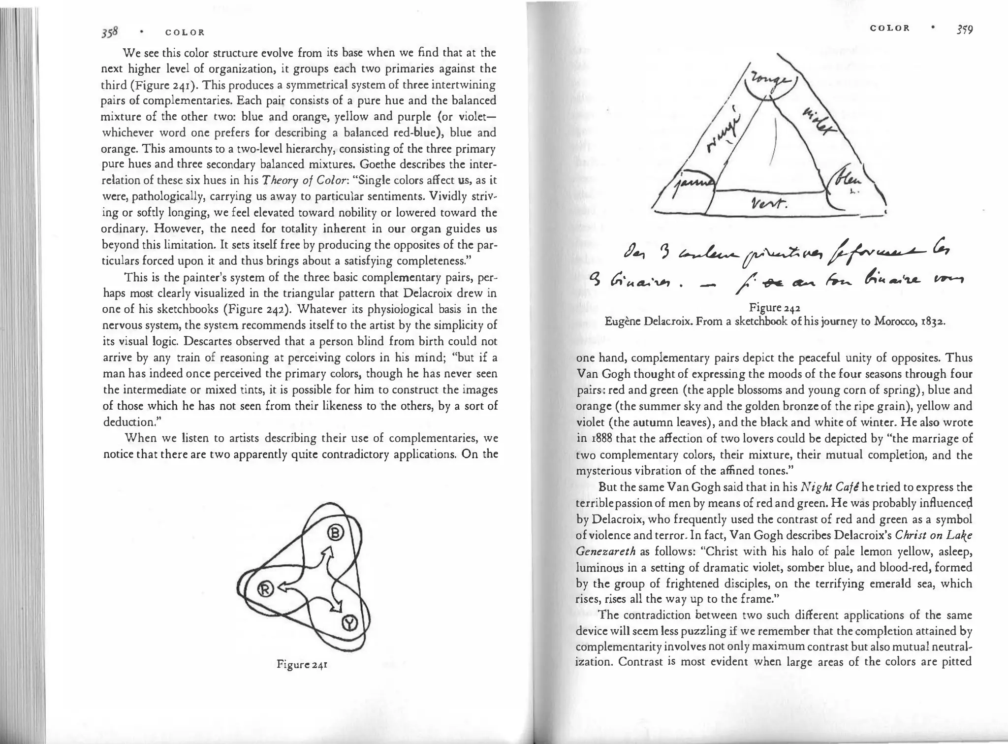 COLOR
We see this color structure evolve from its base when we find that at the
next higher level of organization, it groups each two primaries against the
third (Figure 241). This produces a symmetrical system of three intertwining
pairs of complementaries. Each pair consists of a pure hue and the balanced
mixture of the other two: blue and orange, yellow and purple (or violet­
whichever word one prefers for describing a balanced red-blue), blue and
orange. This amounts to a two-level hierarchy, consisting of the three primary
pure hues and three secondary balanced mixtures. Goethe describes the inter­
relation of these six hues in his Theory of Color: "Single colors affect us, as it
were, pathologically, carrying us away to particular sentiments. Vividly striv­
ing or softly longing, we feel elevated toward nobility or lowered toward the
ordinary. However, the need for totality inherent in our organ guides us
beyond this limitation. It sets itself free by producing the opposites of the par­
ticulars forced upon it and thus brings about a satisfying completeness."
This is the painter's system of the three basic complementary pairs, per­
haps most clearly visualized in the triangular pattern that Delacroix drew in
one of his sketchbooks (Figure 242). Whatever its physiological basis in the
nervous system, the system recommends itself to the artist by the simplicity of
its visual logic. Descartes observed that a person blind from birth could not
arrive by any train of reasoning at perceiving colors in his mind; "but if a
man has indeed once perceived the primary colors, though he has never seen
the intermediate or mixed tints, it is possible for him to construct the images
of those which he has not seen from their likeness to the others, by a sort of
deduction."
When we listen to artists describing their use of complementaries, we
notice that there are two apparently quite contradictory applications. On the
Figure 241
COLOR 3'i9
/!
41 ') ����1r� c,.,
� C,·"4«...'V? • - /� � � /.,� ....'
'I.A- tl>C-r
Figure 242
Eugene Delacroix. From a sketchbook ofhis journey to Morocco, r832.
one hand, complementary pairs depict the peaceful unity of opposites. Thus
Van Gogh thought of express
ing the moods of the four seasons through four
pairs: red and green (the apple blossoms and young corn of spring), blue and
orange (the summer sky and the golden bronze of the ripe grain), yellow and
violet (the autumn leaves), and the black and white of winter. He also wrote
in 1888 that the affection of two lovers could be depicted by "the marriage of
two complementary colors, their mixture, their mutual completion, and the
mysterious vibration of the affined tones."
But the same Van Gogh said that in his Night Cafehe tried to express the
terriblepassionof men by means of red and green. He was probably influence9
by Delacroix, who frequently used the contrast of red and green as a symbol
ofviolence and terror. In fact, Van Gogh describes Delacroix's Christ on Lake
Genezareth as follows: "Christ with his halo of pale lemon yellow, asleep,
luminous in a setting of dramatic violet, somber blue, and blood-red, formed
by the group of frightened disciples, on the terrifying emerald sea, which
rises, rises all the way up to the frame."
The contradiction between two such different applications of the same
device will seem less puzzling if we remember that the completion attained by
complementarity involves not only maximum contrast but also mutual neutral�
ization. Contrast is most evident when large areas of the colors are pitted
 