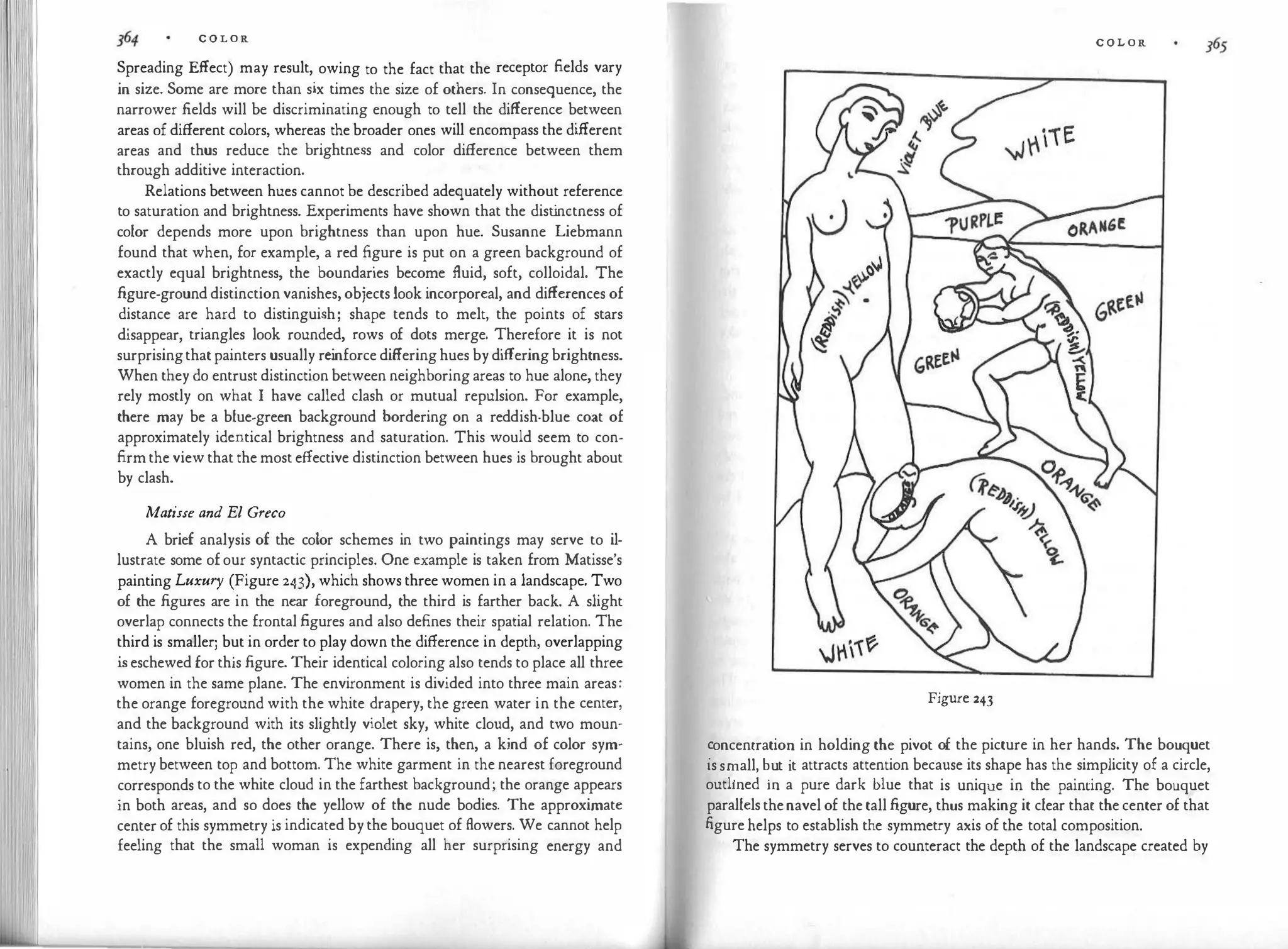 COLOR
Spreading Effect) may result, owing to the fact that the receptor fields vary
in size. Some are more than six times the size of others. In consequence, the
narrower fields will be discriminating enough to tell the difference between
areas of different colors, whereas the broader ones will encompass the different
areas and thus reduce the brightness and color difference between them
through additive interaction.
Relations between hues cannot be described adequately without reference
to saturation and brightness. Experiments have shown that the dist
inctness of
color depends more upon brightness than upon hue. Susanne Liebmann
found that when, for example, a red figure is put on a green background of
exactly equal brightness, the boundaries become fluid, soft, colloidal. The
figure-ground distinction vanishes, objects look incorporeal, and differences of
distance are hard to distinguish; shape tends to melt, the points of stars
disappear, triangles look rounded, rows of dots merge. Therefore it is not
surprisingthat painters usually re
inforce differinghues by differing brightness.
When they do entrust distinction between neighboring areas to hue alone, they
rely mostly on what I have called clash or mutual repulsion. For example,
there may be a blue-green background bordering on a reddish-blue coat of
approximately identical brightness and saturation. This would seem to con­
firmthe view that the most effective distinction between hues is brought about
by clash.
Matisse and El Greco
A brief analysis of the color schemes in two paintings may serve to il­
lustrate some ofour syntactic principles. One example is taken from Matisse's
painting Luxury (Figure 243), which shows three women in a landscape. Two
of the figures are in the near foreground, the third is farther back. A slight
overlap connects the frontal figures and also defines their spatial relation. The
third is smaller; but in order to play down the difference in depth, overlapping
is eschewed for this figure. Their identical coloring also tends to place all three
women in the same plane. The environment is divided into three main areas:
the orange foreground with the white drapery, the green water in the center,
and the background with its slightly violet sky, white cloud, and two moun­
tains, one bluish red, the other orange. There is, then, a kind of color sym­
metry between top and bottom. The white garment in the nearest foreground
corresponds to the white cloud in the farthest background; the orange appears
in both areas, and so does the yellow of the nude bodies. The approximate
center of this symmetry is indicated by the bouquet of flowers. We cannot help
feeling that the small woman is expending all her surprising energy and
COLOR
Figure 243
�oncentratio� in holding the pivot of the picture in her hands. The bouquet
is sn:iall, �ut it attracts attention because its shape has the simplicity of a circle,
outlmed m a pure dark blue that is unique in the painting. The bouquet
parallels thenavel of the tall figure, thus making it clear thac the center of that
figure helps to establish the symmetry axis of the total composition.
The symmetry serves to counteract the depth of the landscape created by
 
