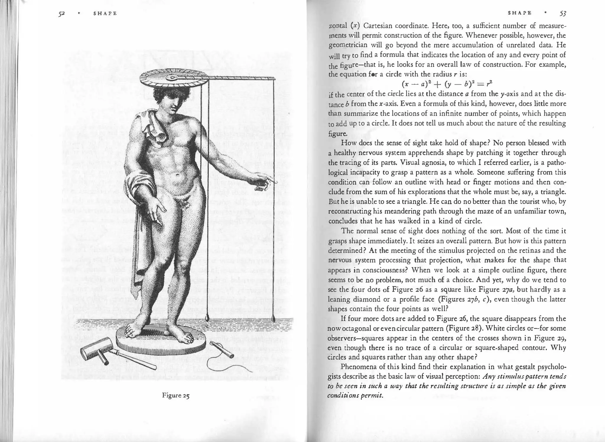 52 S H A !' E
Figure 25
S H A P E 53
zontal (x) Cartesian coordinate. Here, too, a sufficient number of measure­
ments will permit construction of the figure. Whenever possible, however, the
geometrician will go beyond the mere accumulation of unrelated data. He
will try to find a formula that indicates the location of any and every point of
the figure-that is, he looks for an overall law of construction. For example,
the equation for a circle with the radius r is:
(x - a)2 + (y - b)2 = r2
i
f the center of the circle lies at the distance a from the y-axis and at the dis­
tance b from the x-axis. Even a formula of this kind, however, does l
ittle more
than summarize the locations of an infinite number of points, which happen
to add up to a circle. It does not tell us much about the nature of the resulting
figure.
How does the sense of sight take hold of shape? No person blessed with
a healthy nervous system apprehends shape by patching it together through
the tracing of its parts. Visual agnosia, to which I referred earlier, is a patho­
logical incapacity to grasp a pattern as a whole. Someone suffering from this
condition can follow an outline with head or finger motions and then con­
clude from the sum of his explorations that the whole must be, say, a triangle.
But he is unable to see a triangle. He can do no better than the tourist who, by
reconstructing his meandering path through the maze of an unfamiliar town,
concludes that he has walked in a kind of circle.
The normal sense of sight does nothing of the sort. Most of the time it
grasps shape immediately. It seizes an overall pattern. But how is this pattern
determined? At the meeting of the stimulus projected on the retinas and the
nervous system processing that projection, what makes for the shape that
appears in consciousness? When we look at a simple outline figure, there
seems to be no problem, not much of a choice. And yet, why do we tend to
see the four dots of Figure 26 as a square like Figure 27a, but hardly as a
leaning diamond or a profile face (Figures 27b, c), even though the latter
shapes contain the four points as well?
If four more dots are added to Figure 26, the square disappears from the
nowoctagonal orevencircular pattern (Figure 28). White circles or-for some
observers-squares appear in the centers of the crosses shown in Figure 29,
even though there is no trace of a circular or square-shaped contour. Why
circles and squares rather than any other shape?
Phenomena of this kind find their explanation in what gestalt psycholo­
gists describe as the basic law of visual perception: Any stimuluspattern tends
to beseen in such a way that the resulting structure is as simple as the given
conditionspermit.
 