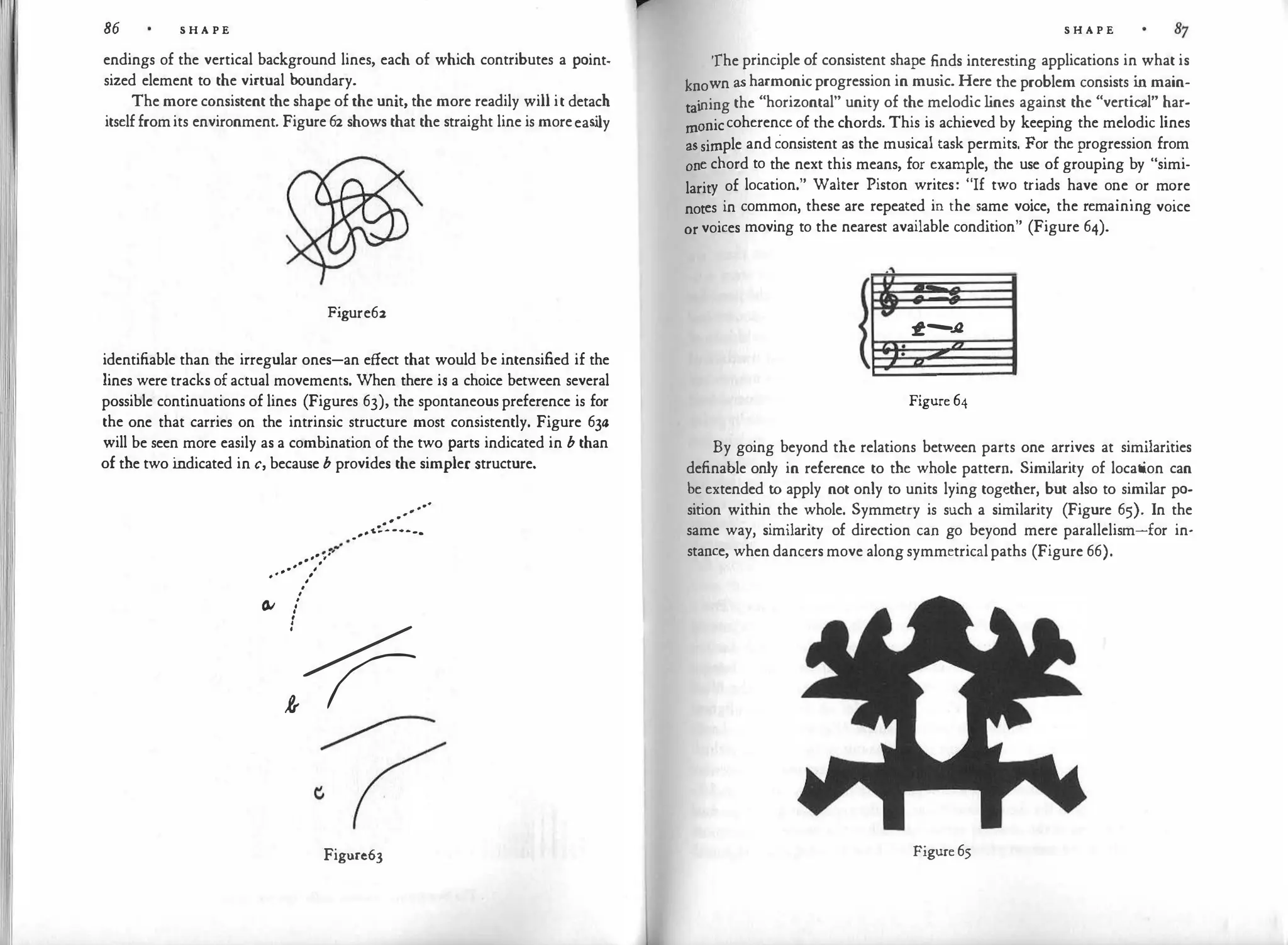 �·1111 86 S H A P E
endings of the vertical background lines, each of which contributes a point.
sized element to the virtual boundary.
The more consistent the shape of the unit, the more readily will it detach
itself fromits environment. Figure 62 shows that the straight line is moreeas
ily
Figure62
identifiable than the irregular ones-an effect that would be intensified if the
lines were tracks of actual movements. When there is a choice between several
possible continuations of lines (Figures 63), the spontaneous preference is for
the one that carries on the intrinsic structure most consistently. Figure 63a
will be seen more easily as a combination of the two parts indicated in b than
of the two i
ndicated in c, because b provides the simpler structure.
-
·
. .
.
.. .,·
.
. .
. . '
# . - ,
'
.
•
� !
..·
. . ·
...
.,.c.-- ----.
;�
ir r
?
Figurc63
S H A P E
'fhe principle of consistent shape finds interesting applications in what is
known as harmonic progression in music. Here the problem consists in main-
'ning the "horizontal" unity of the melodic l
ines against the "vertical" har­
ta
�niccoherence of the chords. This is achieved by keeping the melodic lines
m
simple and consistent as the musical task permits. For the progression from
::e chord to the next this means, for example, the use of grouping by "simi­
larity of location." Walter Piston writes: "If two t�iads have o�e
.
or m�re
notes in common, these are repeated in the same voice, the remaining voice
or voices moving to the nearest available condition" (Figure 64).
'
-.. -
-
- -
•
�-
A
'• �
,..
-..
. 77
�
l Figure 64
By going beyond the relations between parts one arrives at similarities
definable only in reference to the whole pattern. Similarity of location can
be extended to apply not only to units lying together, but also to similar po­
sition within the whole. Symmetry is such a similarity (Figure 65). In the
same way, similarity of direction can go beyond mere parallelism-for in­
stance, when dancers move along symmetrical paths (Figure 66).
Figure 65
 