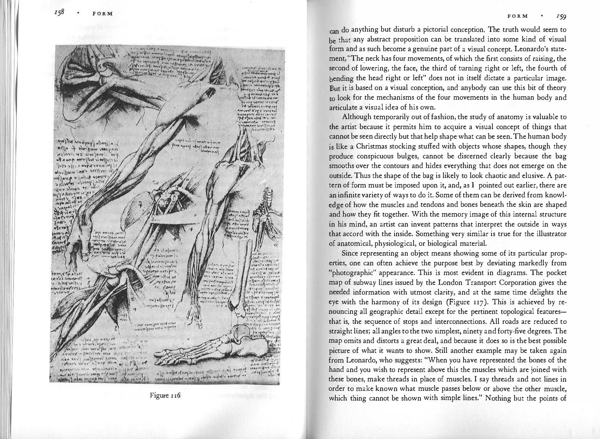 F O R M
Figure u6
F O R M 159
can do anything but disturb a pictorial conception. The truth would seem to
be that any abstract proposition can be translated into some kind of visual
form and as such become agenuine part of a visual concept. Leonardo's state­
ment,"The.neck has four movements, of which the first consists of raising, the
second of lowering, the face, the third of turning right or left, the fourth of
bending the head right or left" does not in itself dictate a particular image.
But it is based on a visual conception, and anybody can use this bit of theory
to look for the mechanisms of the four movements in the human body and
articulate a visual idea of his own.
Although temporarily out offashion, the study of anatomy is valuable to
the artist because it permits him to acquire a visual concept of things that
cannotbeseendirectly but that help shape what can be seen.The human body
is like a Christmas stocking stuffed with objects whose shapes, though they
produce conspicuous bulges, cannot be discerned clearly because the bag
smooths over the contours and hides everything that does not emerge on the
outside. Thus the shape of the bag is likely to look chaotic and elusive. A pat­
tern of form must be imposed upon it, and, as I pointed out earlier, there are
aninfinitevariety of ways to do it. Some of them can be derived from knowl­
edge of how the muscles and tendons and bones beneath the skin are shaped
and how they fit together. With the memory image of this internal structure
in his mind, an artist can invent patterns that interpret the outside in ways
that accord with the inside. Something very similar is true for the illustrator
of anatomical, physiological, or biological material.
Since representing an object means showing some of its particular prop­
erties, one can often achieve the purpose best by deviating markedly from
"photographic" appearance. This is most evident in diagrams. The pocket
map of subway lines issued by the London Transport Corporation gives the
needed information with utmost clarity, and at the same time delights the
eye with the harmony of its design (Figure n7). This is achieved by re­
nouncing all geographic detail except for the pertinent topological features­
that is, the sequence of stops and interconnections. All roads are reduced to
straightlines; allangles tothe two simplest, ninety andforty-five degrees. The
map omits and distorts a greatdeal, and because it does so is thebest possible
picture of what it wants to show. Still another example may be taken again
from Leonardo, who suggests: "When you have represented the bones of the
hand and you wish to represent above this the muscles which are joined with
these bones, make threads in place of muscles. I say threads and not lines in
order to make known what muscle passes below or above the other muscle,
which thing cannot be shown with simple lines." Nothing but the points of
 
