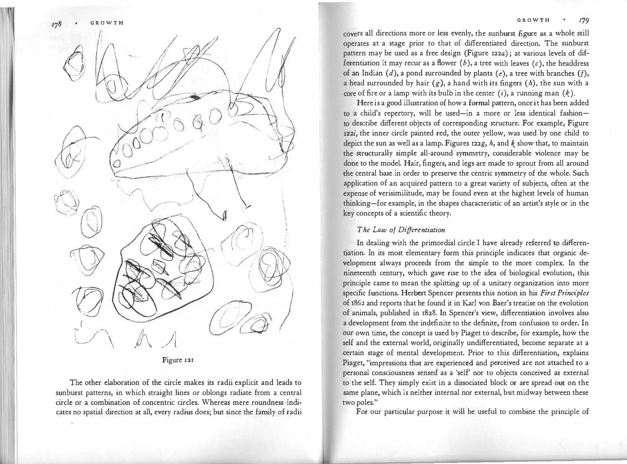 G R O W T H
'
9
1!2 �
& A /1
Figure 121
,,.
'
/�-
- -
·
-
r'
; .- .,

.
The other elaboration of the circle makes its radii explicit and leads to
sunburst patterns, in which straight lines or oblongs radiate from a central
circle or a combination of concentric circles. Whereas mere roundness indi­
cates no spatial direction at all, every radius does; but since the family of radii
G R O W T H 179
covers all directions more or less evenly, the sunburst figure as a whole still
operates at a stage prior to that of differentiated direction. The sunburst
pattern may be used as a free design (Figure 122a) ; at various levels of dif­
ferentiation it may recur as a Bower (b), a tree with leaves (c), the headdress
of an Indian (d), a pond surrounded by plants (e), a tree with branches (/),
a head surrounded by hair (g), a hand with its fingers (h), the sun with a
core offire or a lamp with its bulb in the center (i), a running man (k).
Hereis a good illustrationofhowa formal pattern, onceithas been added
to a child's repertory, will be used-in a more or less identical fashion­
to describe different objects of corresponding structure. For example, Figure
122i, the inner circle painted red, the outer yellow, was used by one child to
depict the sun as well as a lamp. Figures 122g, h, and k show that, to maintain
the structurally simple all-around symmetry, considerable violence may be
done to the model. Hair, fingers, and legs are made to sprout from all around
the central base in order to preserve the centric symmetry of the whole. Such
application of an acquired pattern to a great variety of subjects, often at the
expense of verisimilitude, may be found even at the highest levels of human
thinking-forexample, in the shapes characteristic of an artist's style or in the
key concepts of a scientific theory.
The Law of Differentiation
In dealing with the primordial circle I have already referred to differen­
tiation. In its most elementary form this principle indicates that organic de­
velopment always proceeds from the simple to the more complex. In the
nineteenth century, which gave rise to the idea of biological evolution, this
principle came to mean the splitting up of a unitary organization into more
specific functions. Herbert Spencer presents this notion in his First Principles
of 1862 and reports that he found it in Karl von Baer's treatise on the evolution
of animals, published in 1828. In Spencer's view, differentiation involves also
a development from the indefinite to the definite, from confusion to order. In
our own time, the concept is used by Piaget to describe, for example, how the
self and the external world, originally undifferentiated, become separate at a
certain stage of mental development. Prior to this differentiation, explains
Piaget, "impressions that are experienced and perceived are not attached to a
personal consciousness sensed as a 'self' nor to objects conceived as external
to the self. They simply exist in a dissociated block or are spread out on the
same plane, which is neither internal nor external, but midway between these
two poles."
For our particular purpose it will be useful to combine the princ
iple of
 