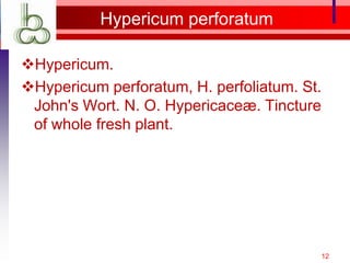 Hypericum perforatum

Hypericum.
Hypericum perforatum, H. perfoliatum. St.
 John's Wort. N. O. Hypericaceæ. Tincture
 of whole fresh plant.




                                         12
 