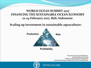 1WWW.FAO.ORG
WORLD OCEAN SUMMIT 2017
FINANCING THE SUSTAINABLE OCEAN ECONOMY
22-24 February 2017, Bali, Indonesia
Scaling up investment in sustainable aquaculture:
Presentation by Árni M. Mathiesen
Assistant Director-General
Fisheries and Aquaculture Department
Food and Agriculture Organization of the United Nations
Production
Profitability
Risk
 