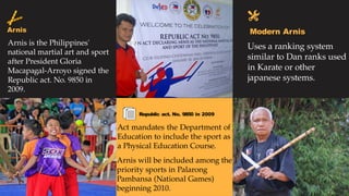 Arnis
Arnis is the Philippines'
national martial art and sport
after President Gloria
Macapagal-Arroyo signed the
Republic act. No. 9850 in
2009.
Modern Arnis
Uses a ranking system
similar to Dan ranks used
in Karate or other
japanese systems.
Republic act. No. 9850 in 2009
Act mandates the Department of
Education to include the sport as
a Physical Education Course.
Arnis will be included among the
priority sports in Palarong
Pambansa (National Games)
beginning 2010.
 