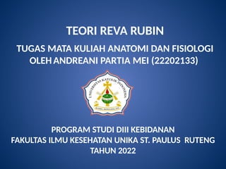 TEORI REVA RUBIN
TUGAS MATA KULIAH ANATOMI DAN FISIOLOGI
OLEHANDREANI PARTIA MEI (22202133)
PROGRAM STUDI DIII KEBIDANAN
FAKULTAS ILMU KESEHATAN UNIKA ST. PAULUS RUTENG
TAHUN 2022
 