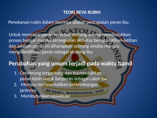 TEORI REVA RUBIN
Penekanan rubin dalam teorinya adalah pencapaian peran ibu.
Untuk mencapai peran tersebut seorang wanita membutuhkan
proses belajar melalui serangkaian aktivitas berupa latihan-latihan
dan adalam peran ini diharapkan seorang wnaita mampu
mengidentifikasi peran sebagai seorang ibu.
Perubahan yang umum terjadi pada waktu hamil
1. Cenderung tergantung dan membutuhkan
peran lebih untuk berperan sebagai calon ibu
2. Mempu memperhatikan perkembangan
janinnya
3. Membutuhkan sosialisasi
 