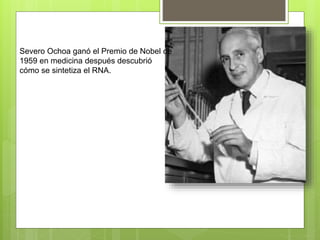 Severo Ochoa ganó el Premio de Nobel de
1959 en medicina después descubrió
cómo se sintetiza el RNA.
 