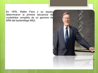 En 1976, Walter Fiers y su equipo
determinaron la primera secuencia de
nucleótidos completa de un genoma de
ARN del bacteriófago MS2.
 