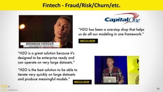 H2O.ai 
Machine Intelligence
Fintech	-	Fraud/Risk/Churn/etc.
“H2O is a great solution because it's
designed to be enterprise ready and
can operate on very large datasets.”
”H2O has been a one-stop shop that helps
us do all our modeling in one framework.”
”H2O is the best solution to be able to
iterate very quickly on large datasets
and produce meaningful models.”
WATCH NOW
WATCH NOW
11
 