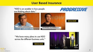 H2O.ai 
Machine Intelligence
User	Based	Insurance
WATCH NOW
WATCH NOW
“H2O is an enabler in how people
are thinking about data.”
“We have many plans to use H2O
across the different business units.”
7
 