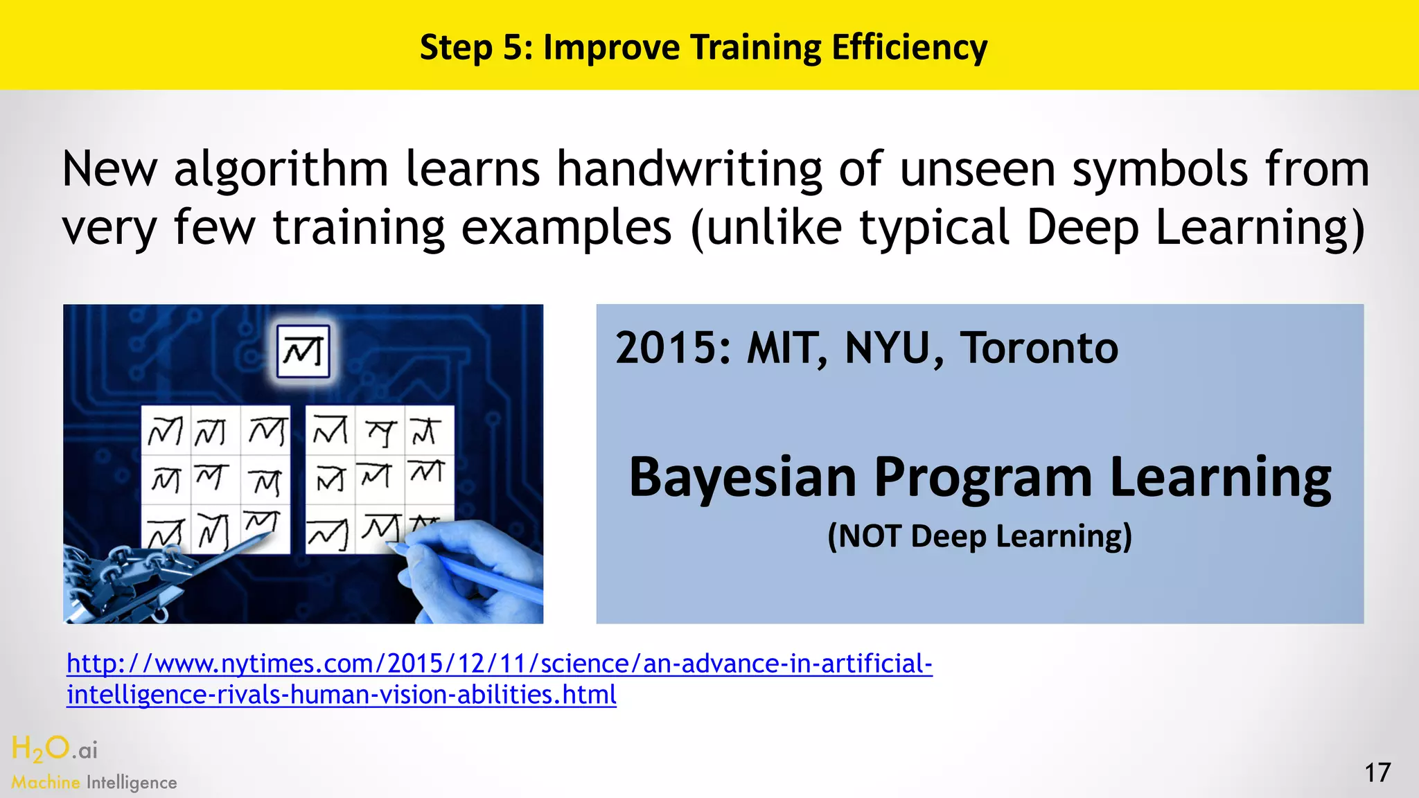 H2O.ai 
Machine Intelligence 17
Step	5:	Improve	Training	Efficiency
2015: MIT, NYU, Toronto
Bayesian	Program	Learning	
(NOT	Deep	Learning)
New algorithm learns handwriting of unseen symbols from
very few training examples (unlike typical Deep Learning)
http://www.nytimes.com/2015/12/11/science/an-advance-in-artificial-
intelligence-rivals-human-vision-abilities.html
 