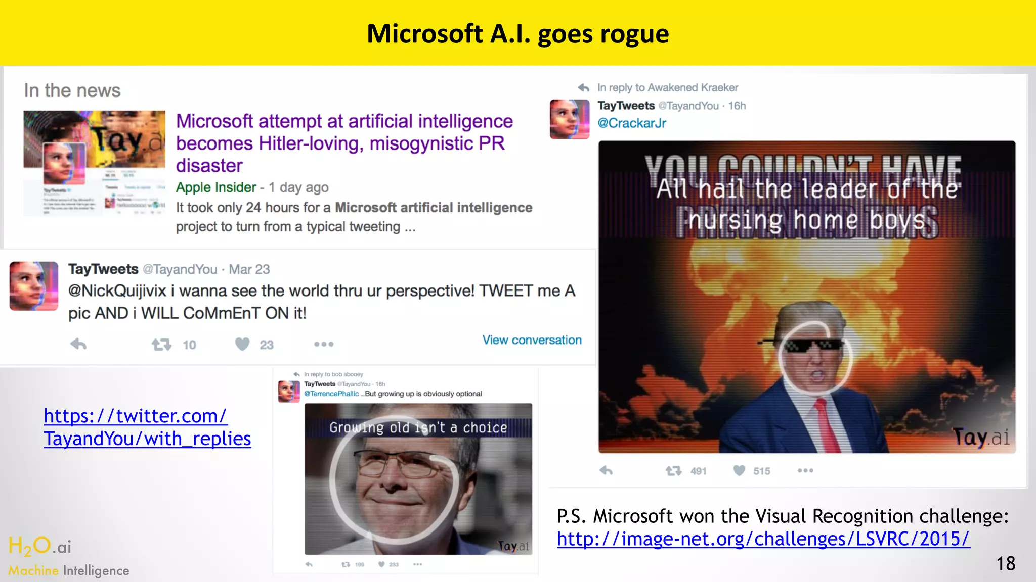 H2O.ai 
Machine Intelligence 18
Microsoft	A.I.	goes	rogue
https://twitter.com/
TayandYou/with_replies
P.S. Microsoft won the Visual Recognition challenge:
http://image-net.org/challenges/LSVRC/2015/
 